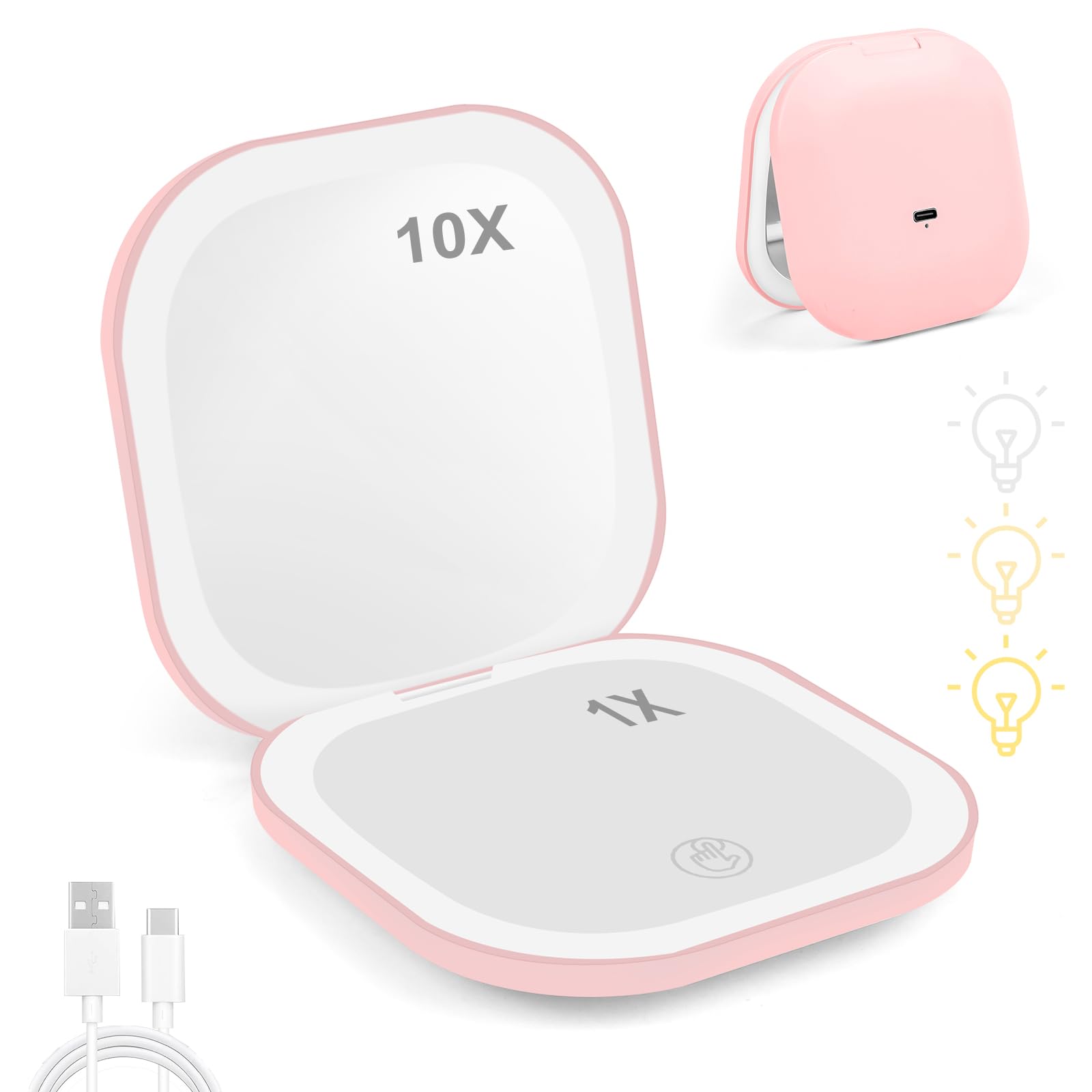 TW1TGOFT Compact Mirror with Light - Rechargeable Light Up Travel Mirror with Magnification 10X, Double Sided & 3 Color Dimmable Pocket Mirror, Foldable Compact Makeup Mirror for Handbag