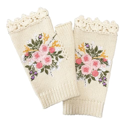 Fingerless Gloves - Flower Embroidered Knitted Gloves, Soft