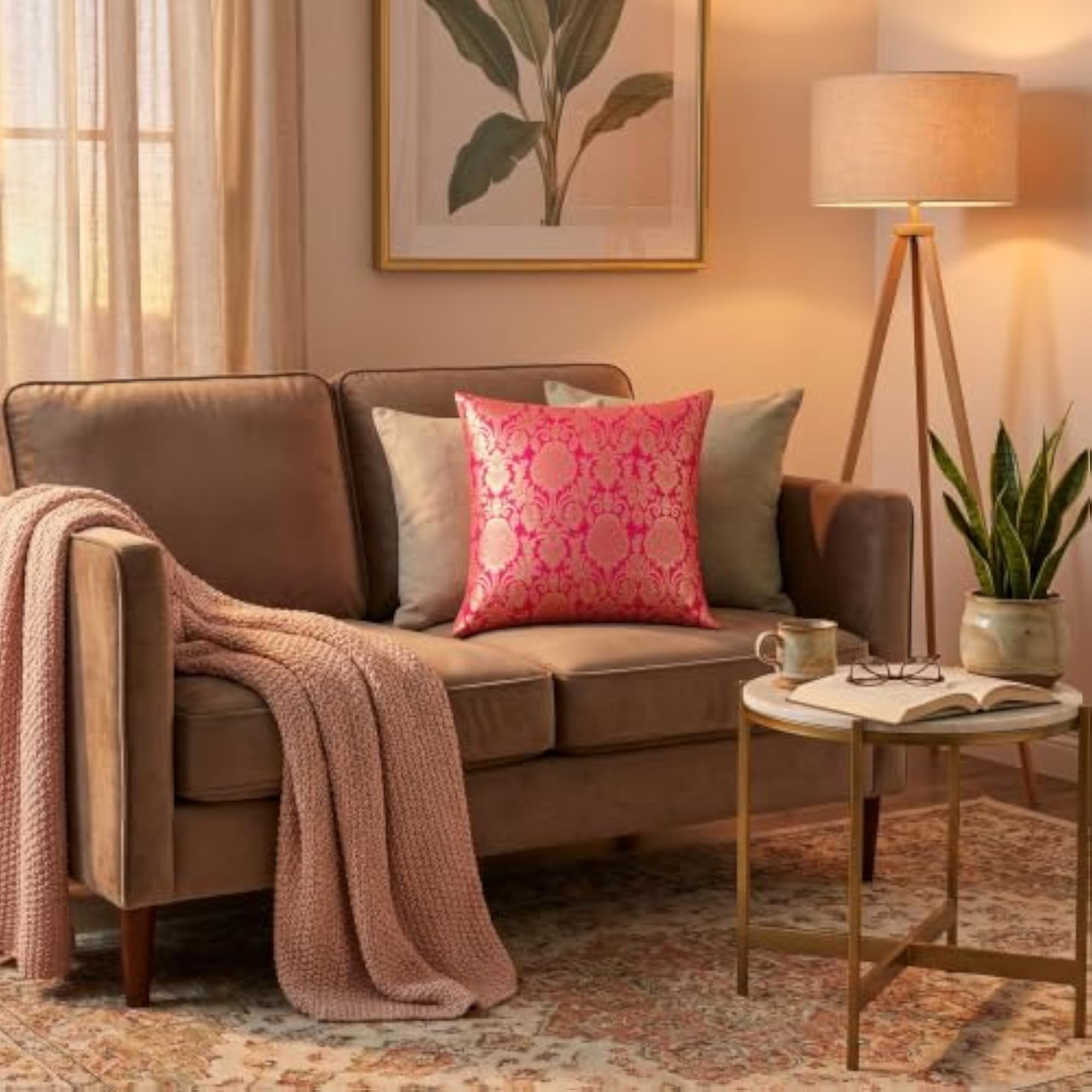 Pink Brocade Silk Throw Pillow Cover with Gold Damask Pattern