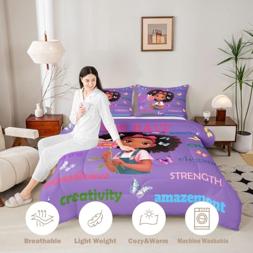 Image of Erosebridal Black Girls Magical Comforter Set Butterflies Inspirational Quotes Full Bedding Set African American Comforter Afro Pretty Girls Duvet Insert for Nursery Kids Princess Cute Room Decor