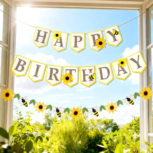 Pre-Strung Sunflower Felt Happy Birthday Banner, Handmade 3D Sunflower Bee