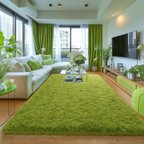 Green Grass Area Rugs for Bedroom Living Room, 6x9 Fluffy Fuzzy Shaggy Carpet for Kids Playroom Nursery Room, Thick Soft Plush Mat for Kids Baby Boys Teen Dorm Home Decor Aesthetic