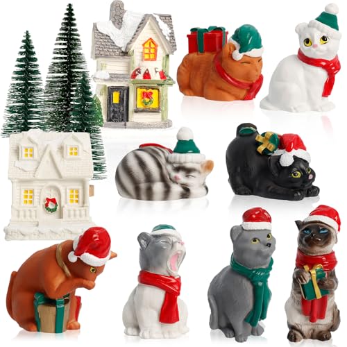 Bbiamsleep Christmas Cat Figurines Christmas Village Cats with Accessories