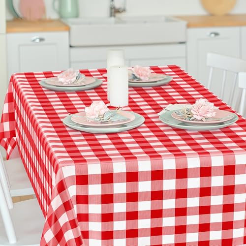 Image of 12Pack 54 inch x 108 inch Table Cloth Rectangle Table, Waterproof Plastic Table Cloth Ddisposable, Red and White Checkered Tablecloth Table Cover for Outdoor Picnic Birthday Party Gathering BBQ Holiday Dinner