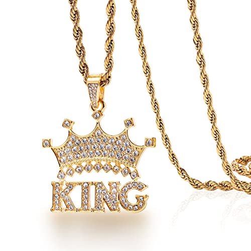King Letters Initial Crown Necklace for Men Women 18K Gold Plated Shiny Cubic Zirconia Shiny Monogram King Pendant Bling Hip Hop Iced Out King Crown Pendant Necklace(Yellow)