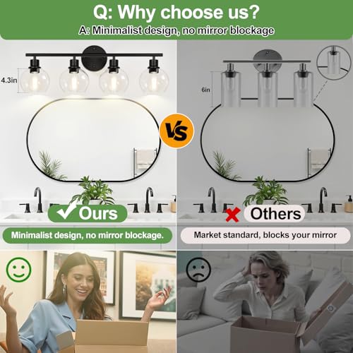 Image of Indoi 4-Light Bathroom Light Fixtures, Black Bathroom Lights Over Mirror with Clear Glass Globe Shade, Vanity Lights for Bathroom Kitchen Living Room Hallway Cabinet Bedroom Porch