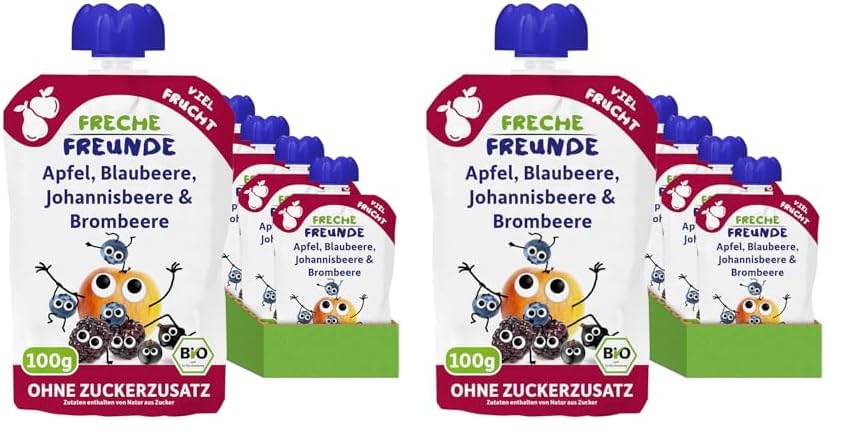 FRECHE FREUNDE Bio Quetschie Apfel, Blaubeere, Johannisbeere & Brombeere, Fruchtmus im Quetschbeutel für Babys ab dem 6. Monat, glutenfrei & vegan, 6-er Pack (6 x 100g) (Packung mit 2)