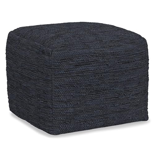 SIMPLIHOME Fredrik Square Pouf - 18 inch Wide Genuine Woven Leather Ottoman in Dark Blue, Boho-Style Footstool or Extra Seating for Living Room or Bedroom with Polystyrene Bead Filling, Assembled