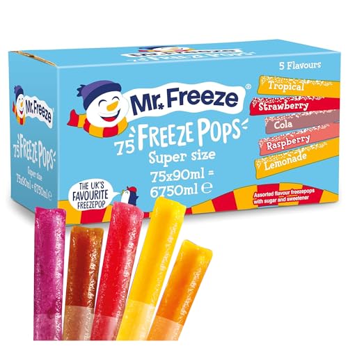 Mr Freeze Super Size Freeze Pops 75 x 90ml - 5 Ice Lollies Flavours Tropical Strawberry Cola Raspberry & Lemonade - Natural Colours Preservative Free Ice Pops - Vegan 14 Calories Each