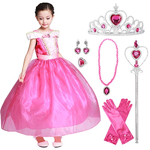 LOEL Girls Princess Dress Up Halloween Christmas Party Costume Hot Pink Long Dress (5-6 Year, Dress with Accessories)