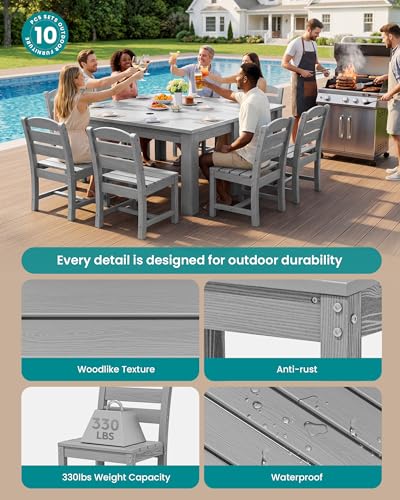 Image of SERWALL 59 inch Patio Dining Set for 8, HDPE Dining Set, Light Gray | Include 2 Rectangular Tables and 8 armless Chairs, All Weather Dining Sets for Garden, Backyard