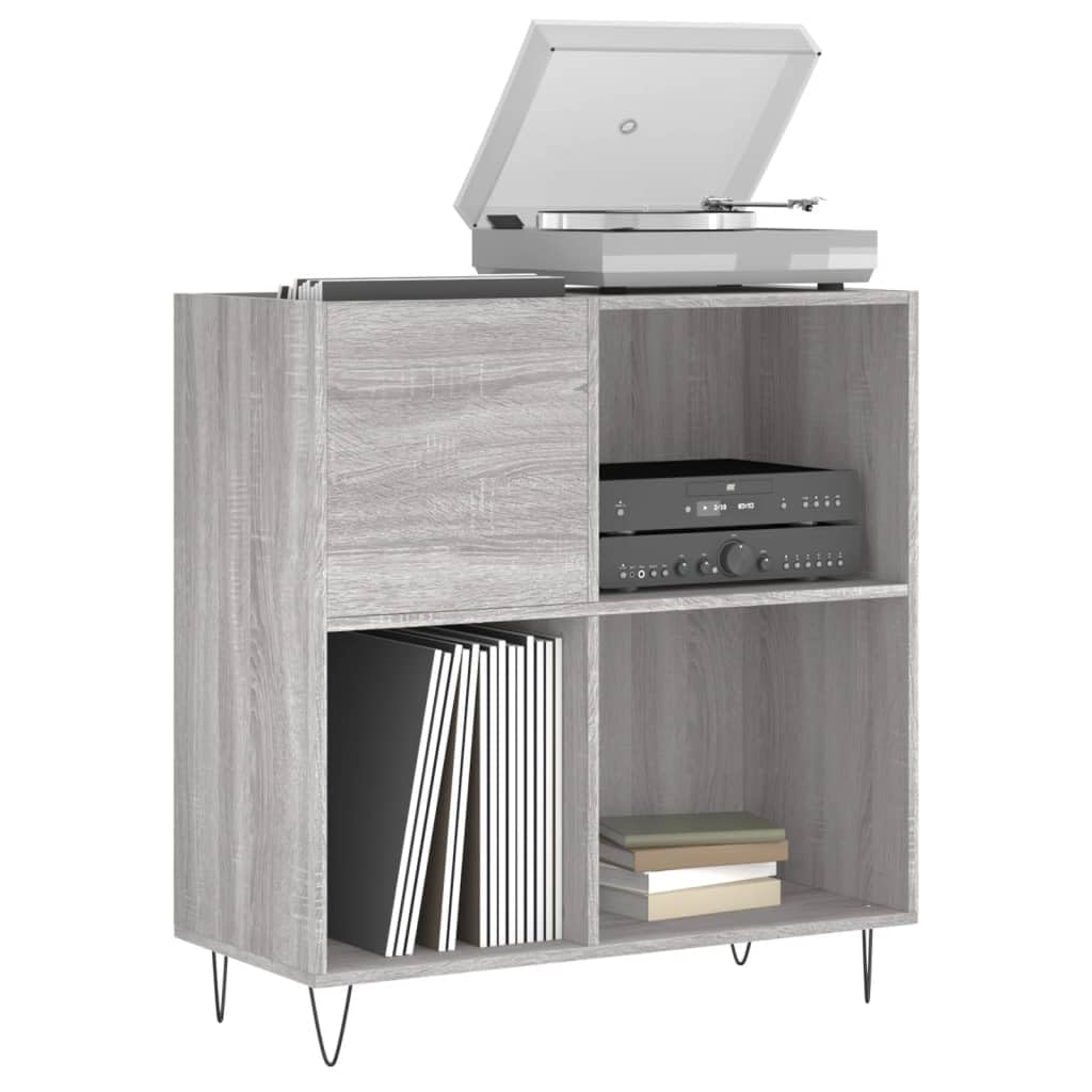 Armadio per dischi grigio sonoma, 84,5 x 38 x 89 cm, in legno con piastra superiore stabile e gambe in ferro, ideale per vinile, CD, DVD, media, TV, giochi, soggiorno, spazio di