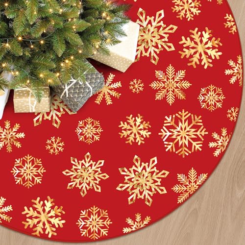 48 Inch Christmas Snowflake Tree Skirt Gold Snowflake Red Christmas Tree Skirt Large Red Round Xmas Trees Mat with Gold Snowflakes for Winter Holiday New Year Party Xmas Trees Home Decor