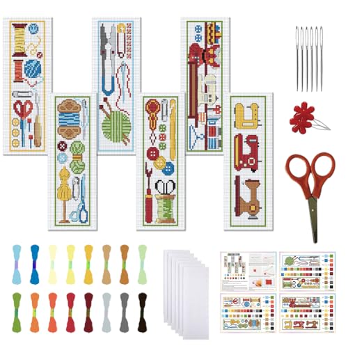 FREEBLOSS 6 Set Cross Stitch Bookmark Kit Stamped Cross Stitch Kit Sewing Theme Stamped Embroidery Bookmark with Instruction Cross Stitch Kits for Adults DIY Bookmark Kit 8.66''x3.15''