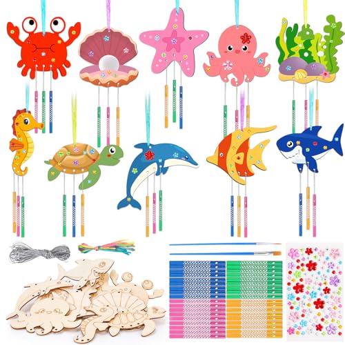 OOTSR 10er Set DIY Holz-Windspiele Meerestiere, Bastelset für Kinder, Malset zum Selbermachen, Sommerdeko, Geschenkidee für Geburtstage, Schulprojekte