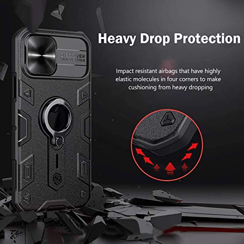 51Ij2oGF8gL CloudValley Compatible with iPhone 12 Pro Max Case with Camera Cover & Kickstand, Slide Lens Cover + Built-in 360° Rotate Ring Stand, Black Armor Style, Impact-Resistant, Shockproof, Full Protect - Image 6