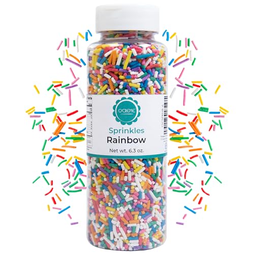Image of O'Creme Rainbow Sprinkles 6.3oz Kosher Cake Decorating Topping | Pastel-colored sugar sprinkles in an easy-pour jar. Perfect for cupcakes, cookies, cakes, and ice cream.