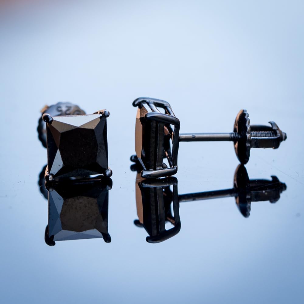 Genuine Small Black Onyx Gem Stone Unisex 925 Sterling Silver Screw Back Post Hypoallergenic Men's Women's Brilliant Cut 5A CZ 6mm Size Square Princess Cut 4 Prong Hip Hop Secure Stud Earrings - Image 7