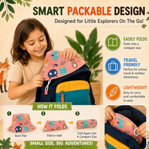 Image of VRITRAZ Unisex Kids Printed Bucket Hat | UV Protection Sun Hat with Adjustable Chin Strap & Summer Beach Travel Outdoor Cap for Toddlers & Children (4-12 Years)
