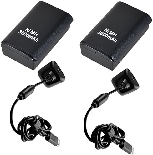 REDGO Battery Pack + Charger Cable for Microsoft Xbox 360 Wireless Controller 2 Sets 3600mAh Black