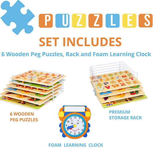 Premium Wooden Toddler Puzzles and Rack Set - (6 Pack) with Storage Holder Rack and Learning Clock - Kids Educational… - Image 3