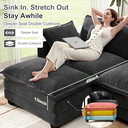 Image of 146 inch Cloud Couch Sectional Modular Sofa, Deep Seat Couches with Ottoman and Removable Washable Pillows for Living Room, Bedroom, Apartment, Black