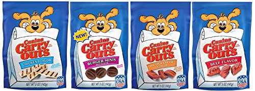 Canine Carry Outs Dog Treats 4-flavor Bundle, 5 Oz Each Bag of Burger Minis, Bacon & Cheese Flavor, Chicken Flavor and Beef Flavor.