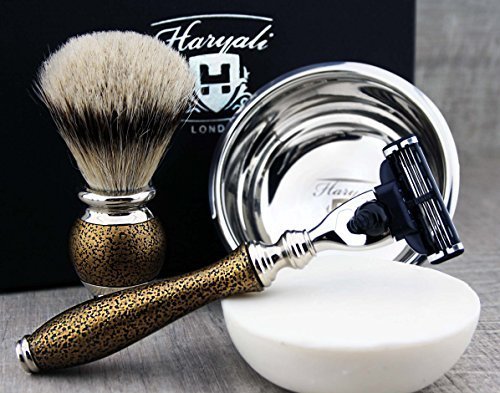 Haryali London Gold Antik Design męski zestaw do golenia 3 Edge, brzytwa, pędzel do golenia, miseczka do golenia, mydło do golenia, stojak do golenia i sztyft Alaun