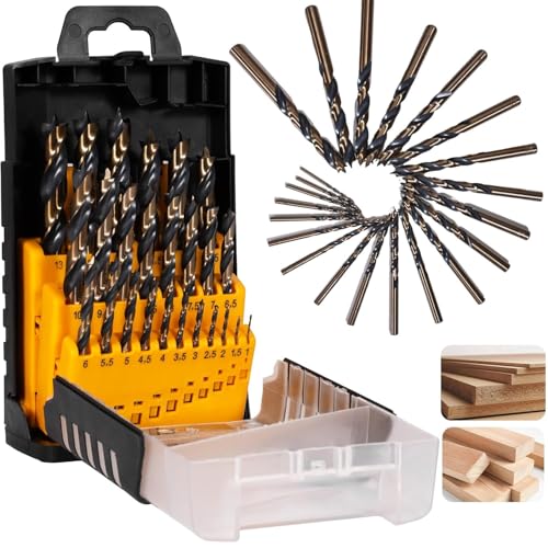 25Pcs Brad Point Drill Bit Set Titanium Coated HSS Full Ground Wood Drill Bits for Hardwood & Softwood 1-13mm (0.5mm Step) with Storage Case