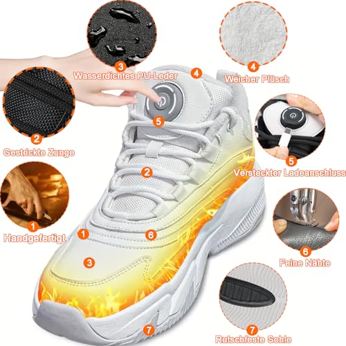 Beheizbare Schuhe mit USB-Aufladung, Beheizbare Sneaker Herren Damen Fußwärmer Elektrisch mit 3 Temperatureinstellungen,Heated Turnschuhe für Winterreisen und Bergsteigen (Weiß, 36EU)