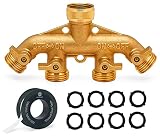Morvat Heavy Duty Brass 4 Way Splitter, Garden Hose Manifold Connector with Comfort Grip ON/OFF Valv