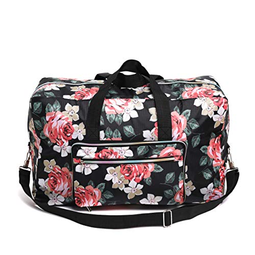 Foldable Large Travel Duffle Bag Waterproof Cute Overnight Carryon Weekender Bag for Women Girl (Black Rose)
