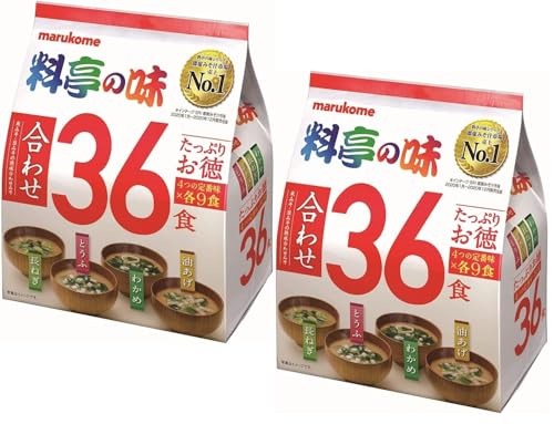 Marukome Sopa Miso Ryotei no Aji 4 Sabores, 36 Sopas Miso Instantáneas Japonesas (Algas Wakame, Cebollas Verdes, Tofu, Aburaage), Lote de 2 paquetes (Total 72 Sopas)