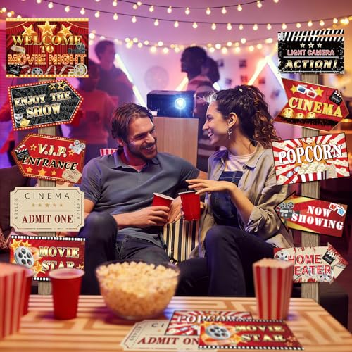 Image of Hooqict 20 Pieces Movie Night Decorations Movie Themed Party Directional Signs for Cinema Welcome Now Showing Theater Film Birthday Party Decorations Supplies
