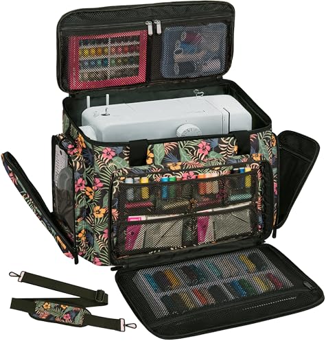 Image of Sewing Machine Carrying Case with Multiple Storage Pockets Large Capacity, Universal Tote Storage Bag Compatible with Most Standard Singer, Brother, Janome, Floral