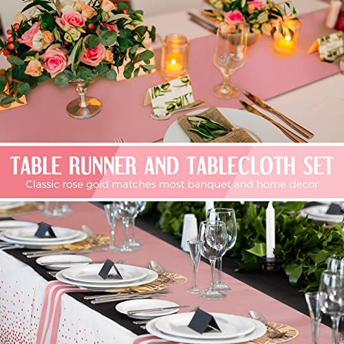 Image of Breling 24 Packs Rose Gold and White Disposable Tablecloths and Satin Table Runner Set, 54 x 108 Inch Plastic Tablecloth, 12 x 108 Inch Table Runners for Wedding Birthday Baby Shower Party Decoration