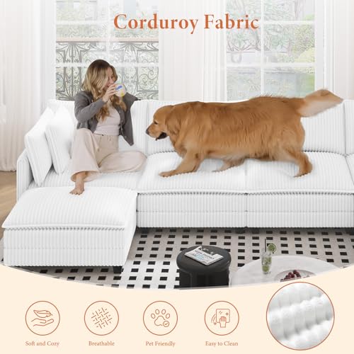 Image of Vesgantti 109 inch L Shaped Cloud Sectional Couch, Comfy Corduroy Upholstered Modular Couches for Living Room, Modern Modular Sectional Sofa with Ottoman Deep Seat, Warm White
