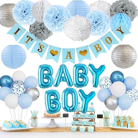 Ouddy Party Blue Baby Shower Decorations for Boy with Its a Boy Banner, Baby Boy Letter Metallic Blue Gray Silver Balloon Paper Pom Poms Honeycomb Ball for Boy Baby Shower Gender Reveal Party Supplies Cover