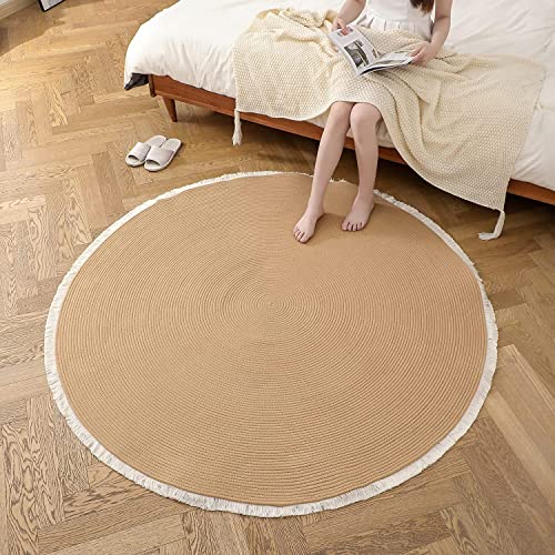 ☆LBY Handwoven Cotton Natural Reversible Rugs Round Braided Floor Carpet Mat for Living Room, Bedroom, Dining, Office, Restaurant (150 CM, A)
