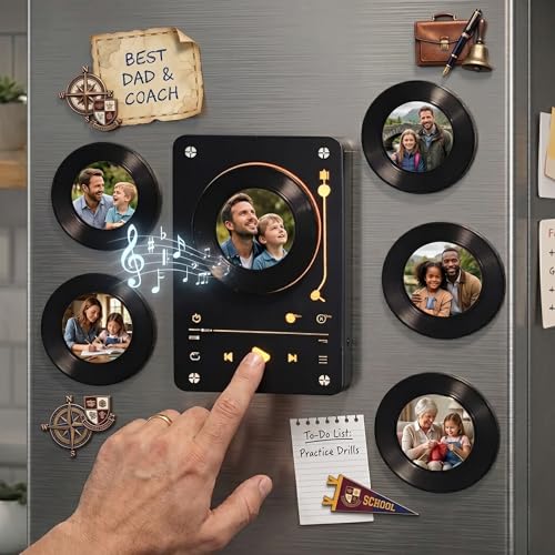 Personalised Record Vinyl Music Fridge Magnet Dad Gifts from Daughter Son Custom Photo Spotify Plaque with 1-6 Vinyles Unique Gift for Fathers Day Birthday for Grandpa Husband Music Lover Couples