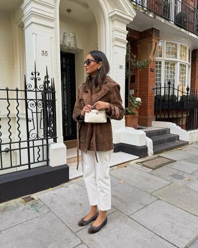 VOIKERDR Brown Leather Jacket Women Suede Jacket Trendy Faux Suede Jacket with Belt Winter Jacket Outwear4