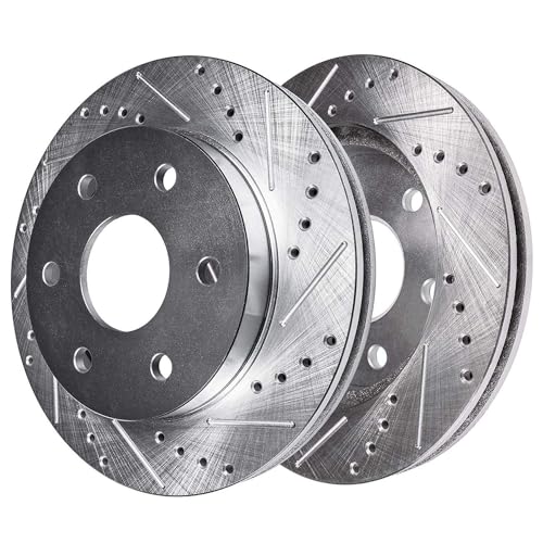Image of Detroit Axle - Front Brake Kit for Toyota 1999-2004 Tacoma, Drilled and Slotted Disc Brake Rotors Ceramic Brakes Pads 2000 2001 2002 2003 Replacement : 11.69 inch inch Rotor
