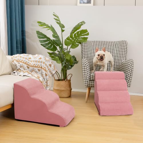 Image of 4-Step Dog Stairs for Bed or Couch, Pink Pet Ramp for Small Dogs, Cats | Aodisman Elegant Pink Dog Ramp Designed for Dogs and Cats, Ideal for Beds and Couches, Providing Comfortable Access, 17.7 inch H