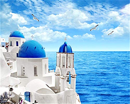 YEESAM ART Malen nach Zahlen für Erwachsene und Kinder, Santorini, romantisches Griechenland, 40,6 x 50,8 cm, Leinen, Leinwand, Acryl, DIY Zahlen, Malset, Wandkunst, Dekoration, Geschenke (gerahmt)