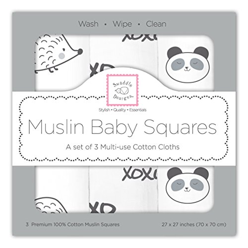SwaddleDesigns Cotton Muslin Squares, Set of 3, Black Hedgehog