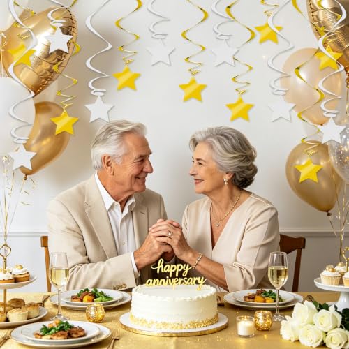 Image of BEISHID Gold and White Stars Hanging Swirls Pre-Strung Stars Hanging Decorations for Wedding Engagement Baby Shower Bridal Shower Graduation Birthday Decorations Supplies,Pack of 15