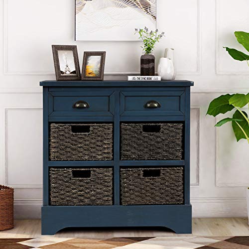 P Purlove Storage Chest Retro Style Storage Cabinet Storage Unit With 2 Wood Drawers And 4 Wicker Baskets For Home Kitchen Entryway Living Room (Antique Navy) #TOP6