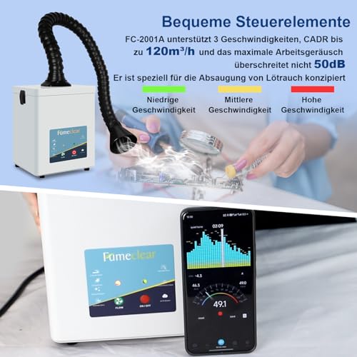 FumeClear FC2001A Lötrauchabsorber Lötrauchabsaugung, 120 to 180m³/h starke Absaugung, geräuscharmes, hocheffizientes Absaugen von Lötrauch, für 110V bis 220V Breitspannung geeignet für Tischlöten