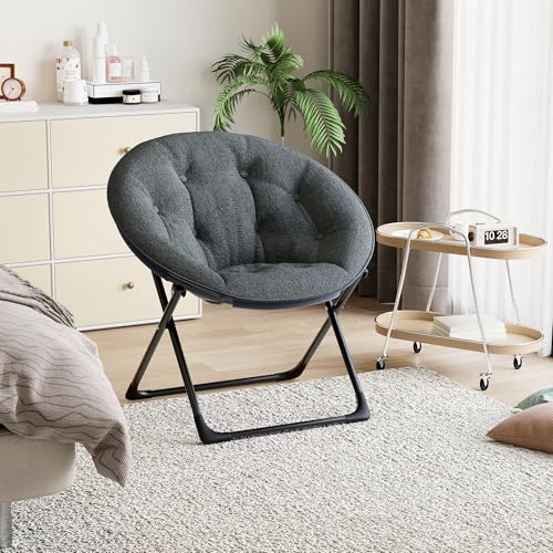 Saucer Chair with Faux Fur Cover - Foldable Moon Chair for Teens & Adults, Large Circle Seat Perfect for Bedroom, Living Room & Playroom, Soft Gaming Chair for Compact Spaces, Gray