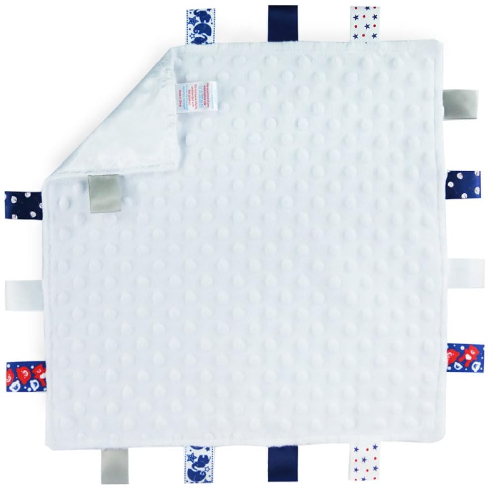 Mayra Hosiery Soft-Touch | Newborn Baby Taggy Blanket Comforter | Embossed Sensory Tags & Ribbons | Soft Flannel Back 35 x 35cm | 100% Polyester (White Bubble)